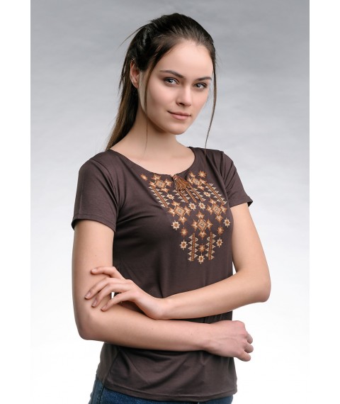 Stylish brown women's T-shirt with embroidery "Star Lights" S