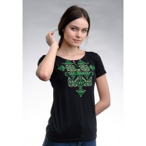 Летняя черная женская вышитая футболка с коротким рукавом «Элегия (зеленая вышивка)» XXL