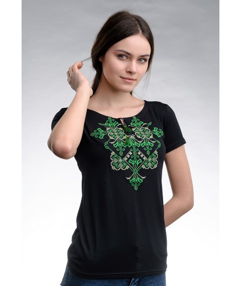 Летняя черная женская вышитая футболка с коротким рукавом «Элегия (зеленая вышивка)» L