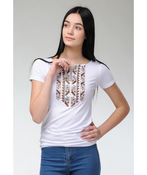 Women's Summer Short Sleeve T-Shirt with Brown Embroidery "Nature Expression" 3XL