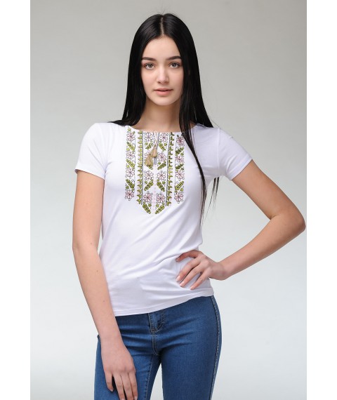 Stylish women's summer T-shirt with short sleeves with pink embroidery “Natural Expression” S
