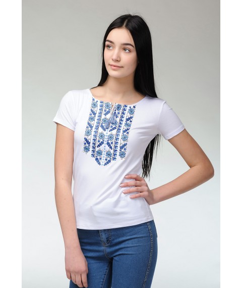 Женская повседневная футболка с коротким рукавом с геометрической вышивкой «Голубая естественная экспрессия» 3XL