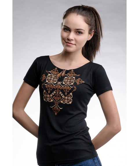 Черная женская вышитая футболка на каждый день в патриотическом стиле «Элегия (коричневая вышивка)» S