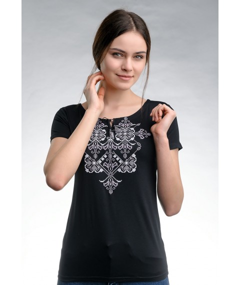 Повседневная женская вышитая футболка в черном цвете «Элегия (серая вышивка)» 3XL