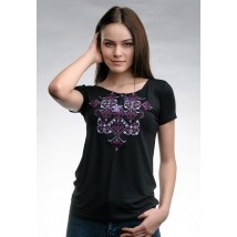 Original women's embroidered T-shirt for summer in black “Elegy (purple embroidery)”