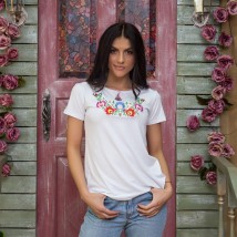 Women's T-shirt with short sleeves with embroidery in flowers in pale white color "Mallows" 3XL