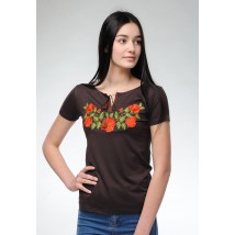 Brown women's embroidered T-shirt for every day under the jeans "Tenderness of roses"