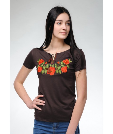 Коричневая женская вышитая футболка на каждый день под джинсы «Нежность роз» XL