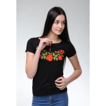 Женская вышитая футболка в черном цвете с широкой горловиной «Нежность роз» S