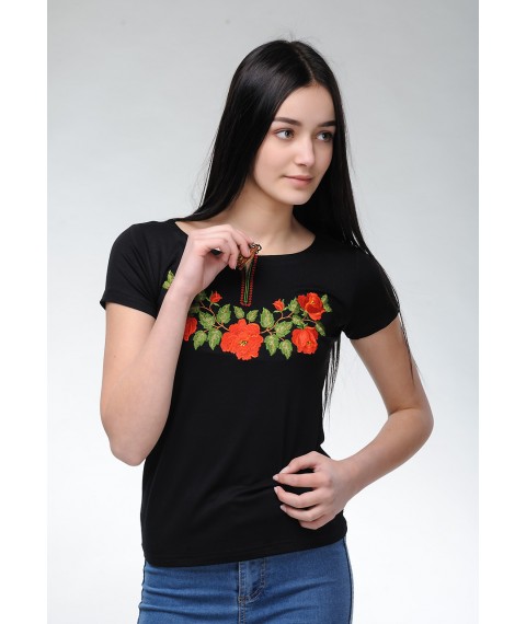 Women's embroidered T-shirt in black with a wide neck “Tenderness of Roses”