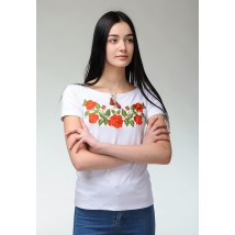 Белая женская футболка с вышивкой цветами на короткий рукав под брюки «Нежность роз»