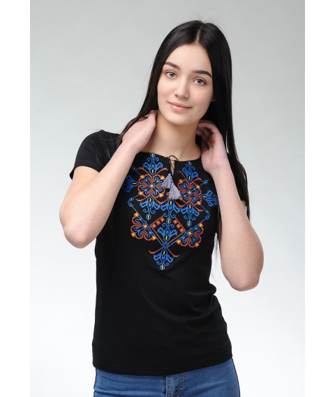 Original black women's embroidered T-shirt for jeans with short sleeves “Elegy”