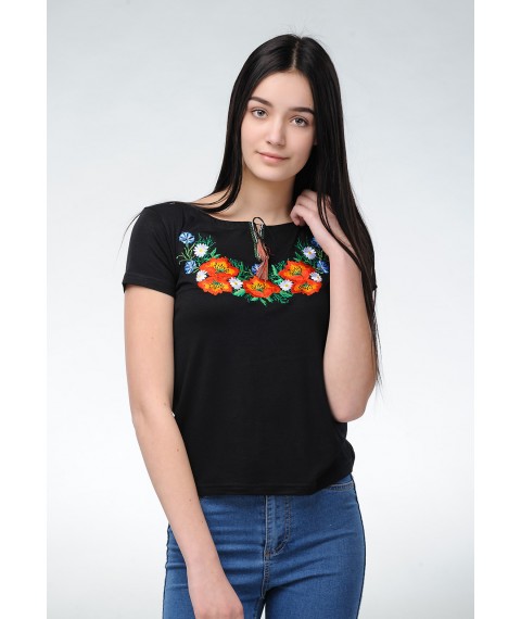 Вышитая женская футболка с коротким рукавом в черном цвете с цветами «Полевая красота» M