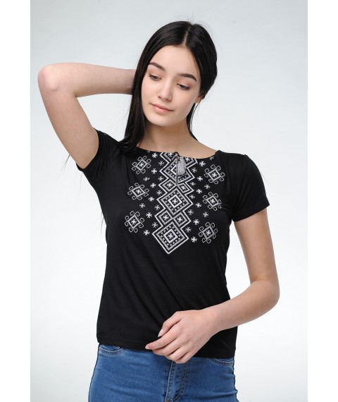 Женская черная вышиванка с коротким рукавом «Карпатский орнамент (серая вышивка)» XL