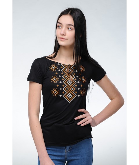 Women's black embroidery for short sleeves “Carpathian ornament (brown embroidery)” S