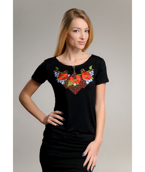 Black women's embroidered shirt with short sleeves in the national style “Miracle Maki” XXL