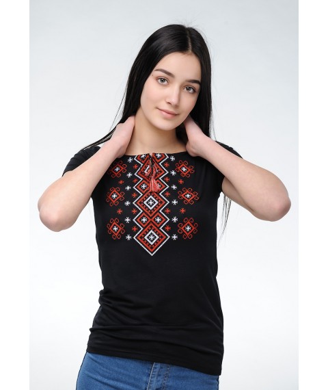 Модная женская вышиванка с классической вышивкой с коротким рукавом «Карпатский орнамент (красная вышивка)» M