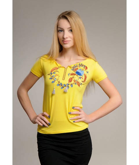 Besticktes Damen-T-Shirt in patriotischem Gelb "Petrikovskaya-Malerei"