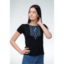 Молодежная вышиванка в черном цвете для женщины «Гуцулка (синяя вышивка)» S