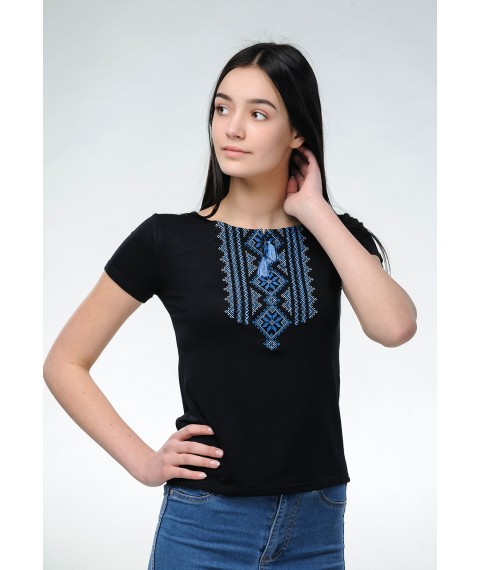 Молодежная вышиванка в черном цвете для женщины «Гуцулка (синяя вышивка)» XL