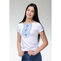 Вышитая футболка для девушки в белом цвете с геометрическим орнаментом «Гуцулка (голубая вышивка)» 3XL