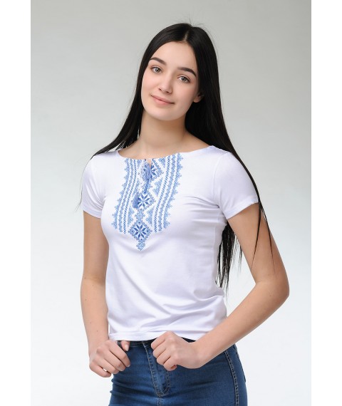 Embroidered T-shirt for a girl in white with a geometric pattern “Hutsulka (blue embroidery)” M