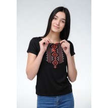 Женская вышитая футболка с классическим орнаментом «Гуцулка (красная вышивка)» XL