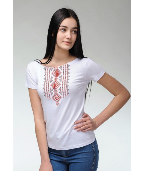 Женская футболка с вышивкой на короткий рукав в белом цвете «Гуцулка (красная вышивка)» S