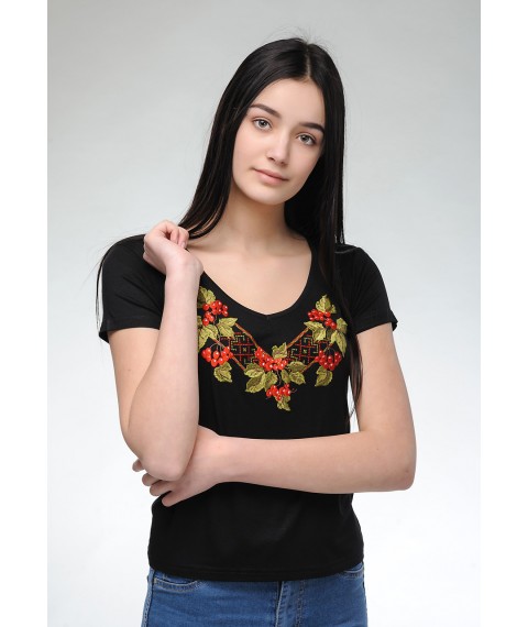 Женская черная вышитая футболка на праздник с V-образной горловиной «Калина»