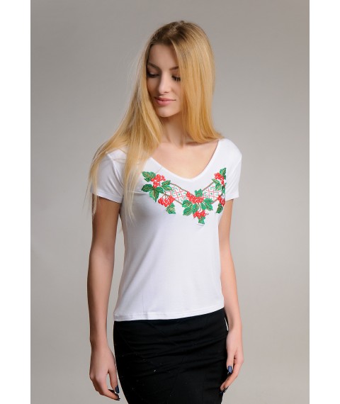 Women's white embroidered T-shirt for every day with a V-neck "Kalina"