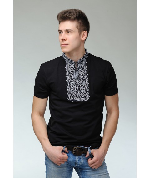 Мужская вышитая футболка черного цвета с геометрическим орнаментом «Король Данило (серая вышивка)» L