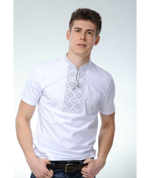 Вышитая мужская футболка белым по белому "Атаманская (серая вышивка)» M