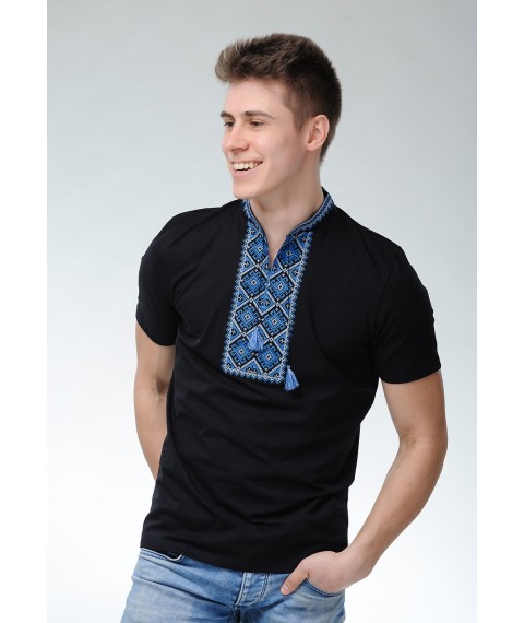 Мужская черная вышитая футболка в молодежном стиле «Атаманская (синяя вышивка)» XL