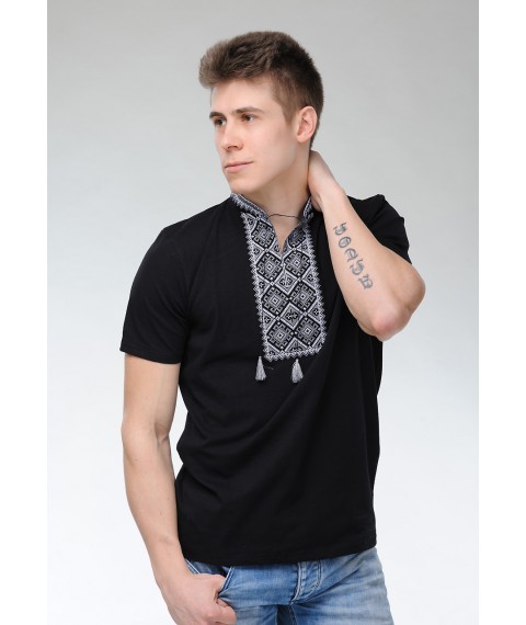 Discreet men's T-shirt with short sleeves in black “Atamanskaya (gray embroidery)” 3XL