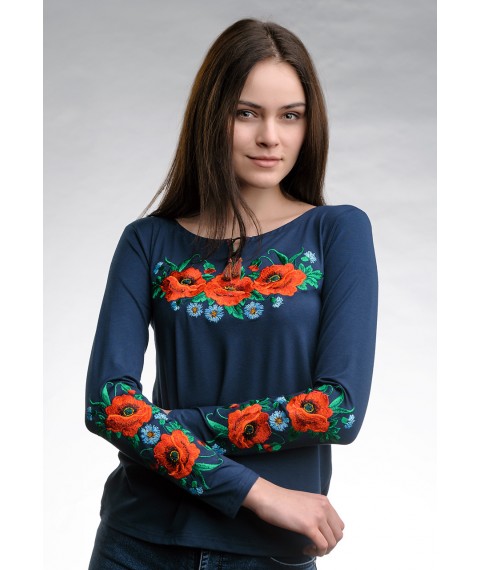 Женская вышитая футболка темно-синего цвета с длинным рукавом «Маковое поле» XL