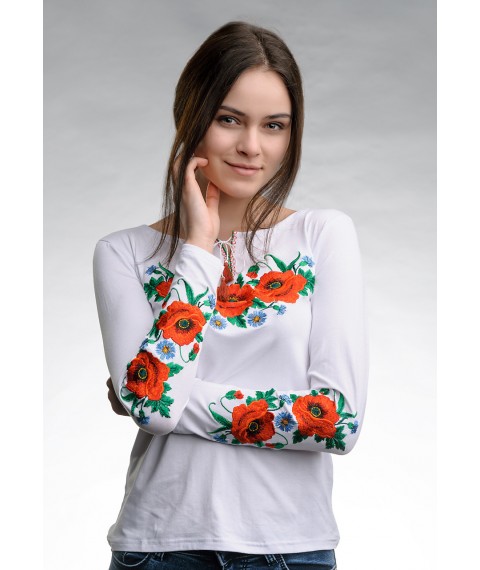 Белая женская вышитая футболка с длинным рукавом в украинском стиле «Маковое поле» XXL