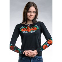 Черная женская вышитая футболка с длинным рукавом в этно стиле «Маковое поле» S