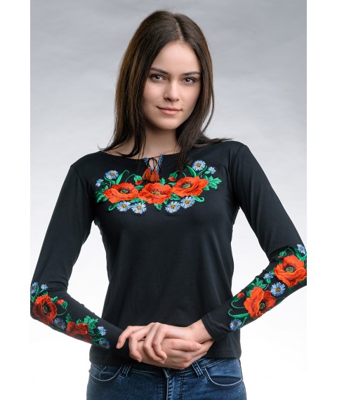 Черная женская вышитая футболка с длинным рукавом в этно стиле «Маковое поле» XXL
