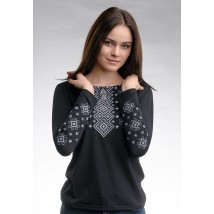 Трендовая черная женская вышитая футболка с длинным рукавом «Серый карпатский орнамент» XL