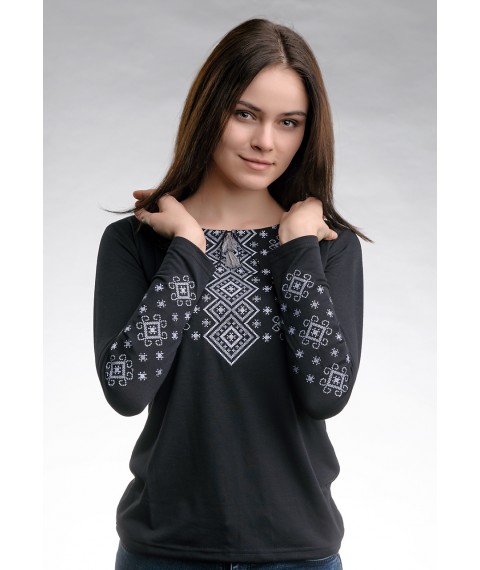 Трендовая черная женская вышитая футболка с длинным рукавом «Серый карпатский орнамент» L