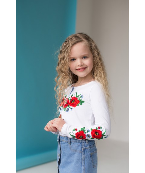 Embroidered T-shirt for girls with long sleeves with poppies on the chest “Poppy Field”