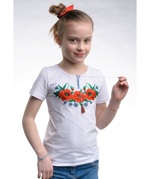 Вышитая футболки для девочки с маками на груди «Маковое поле» 152