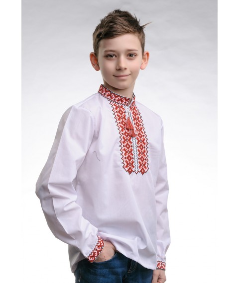 Вышиванка для мальчика с длинным рукавом с геометрическим орнаментом «Андрей (красная)» 134