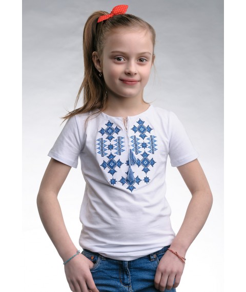 Вышитая футболка для девочки белого цвета «Звездное сияние (синий)» 152