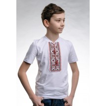 Детская вышиванка для мальчика с коротким рукавом с V-образным вырезом «Звездное сияние (красная вышивка)» 128