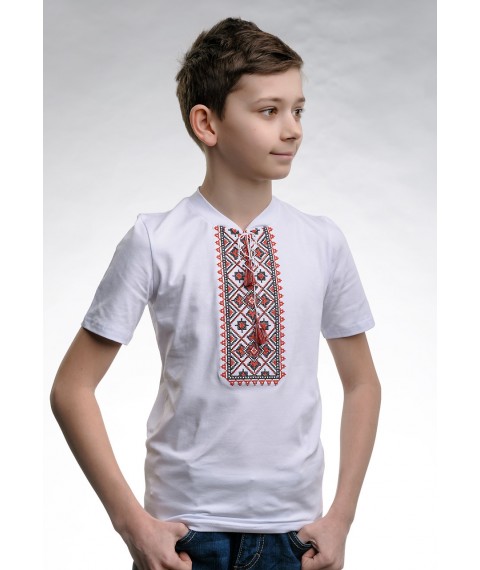Children's embroidered shirt for a boy with short sleeves with a V-neck "Star shine (red embroidery)" 122