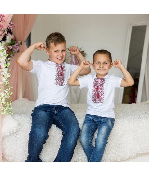 Casual embroidered T-shirt for a boy in white with red embroidery "Dem'yanchik" 104