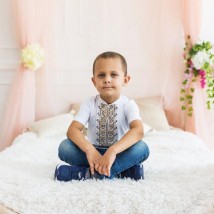 Stylish embroidered shirt for a boy in white with a brown ornament "Dem'yanchik"