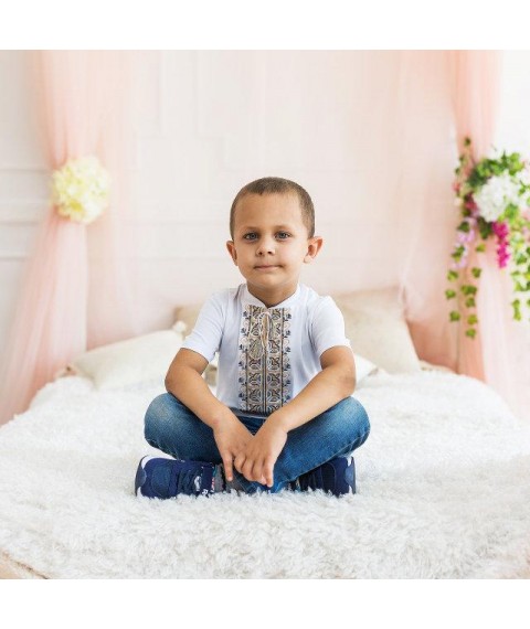Stylish embroidered shirt for a boy in white with a brown ornament "Dem'yanchik" 134