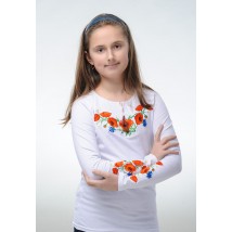 Белая вышитая футболка для девочки с цветами «Маки с васильками»